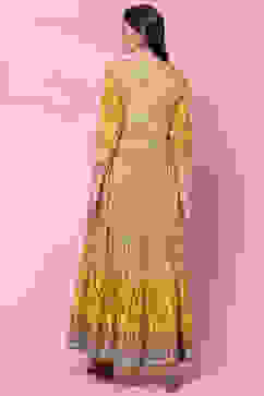 Mustard Cotton Flared Fusion Printed Dress image number 4