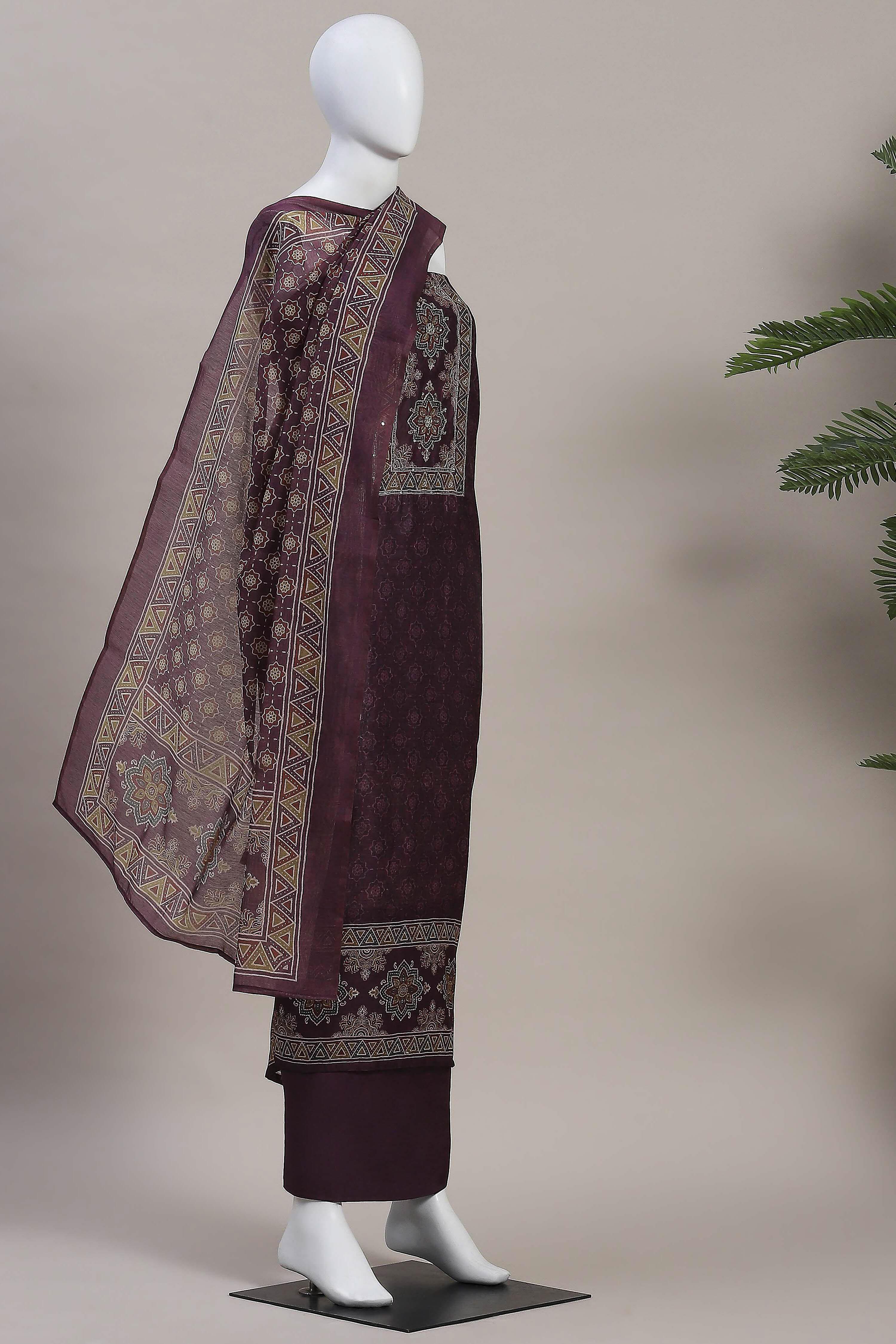 Grey Chanderi Rajasthani Print Unstitched Suit Set image number 4