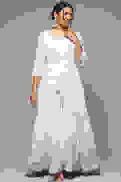 White Cotton Blend Straight Printed Dress image number 5