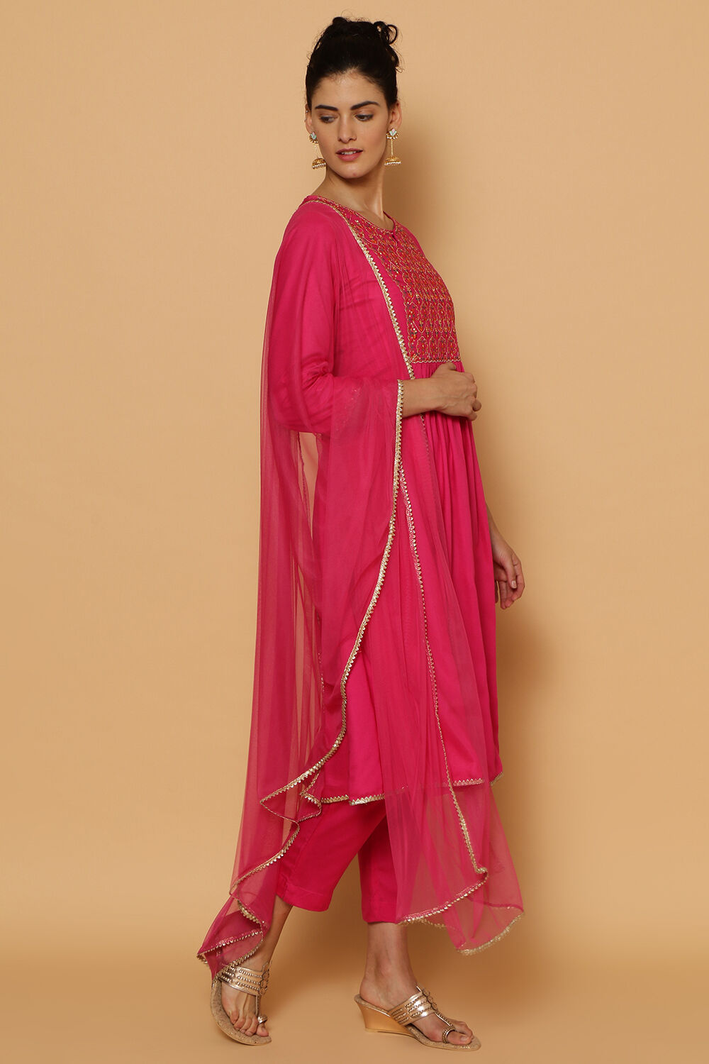 Pink Rayon Kalidar Kurta Slim Pant Suit Set image number 1