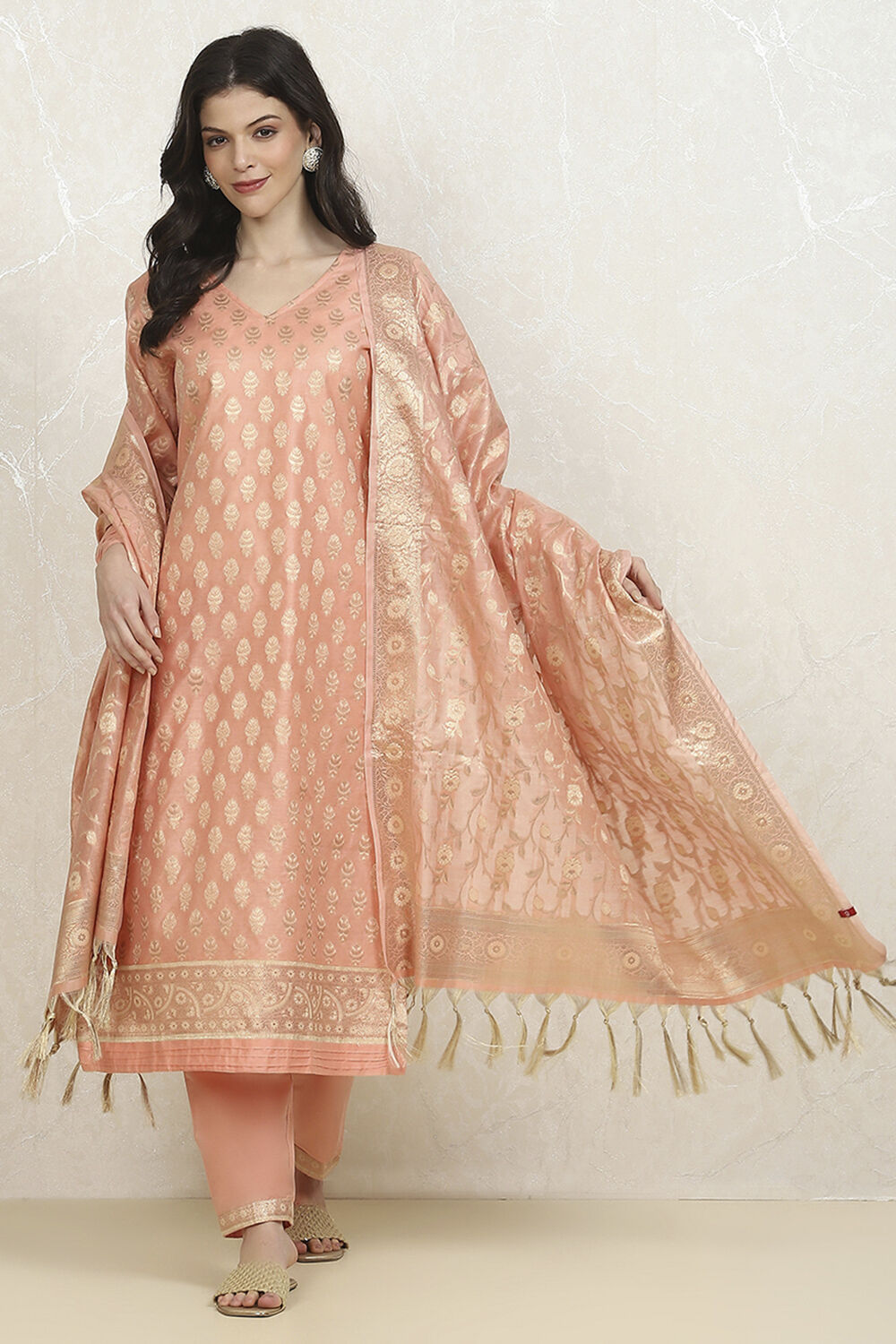 Peach Cotton Printed Embroidered Unstitched Suit Set image number 1