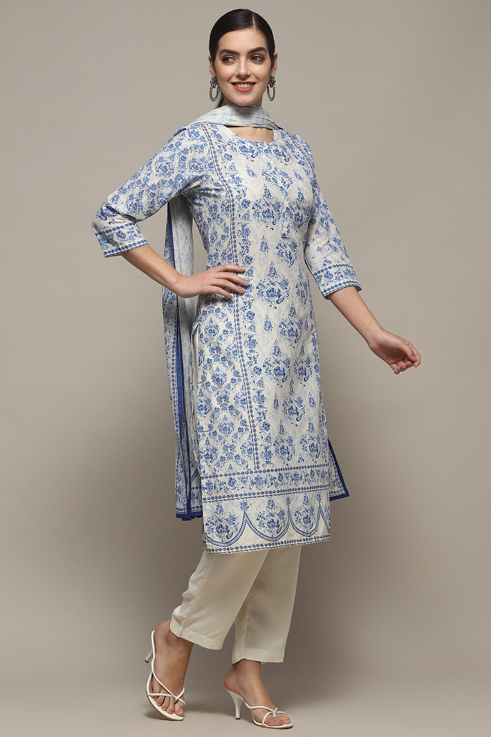 Off-White and Blue Cotton Floral Straight Suit Set image number 6