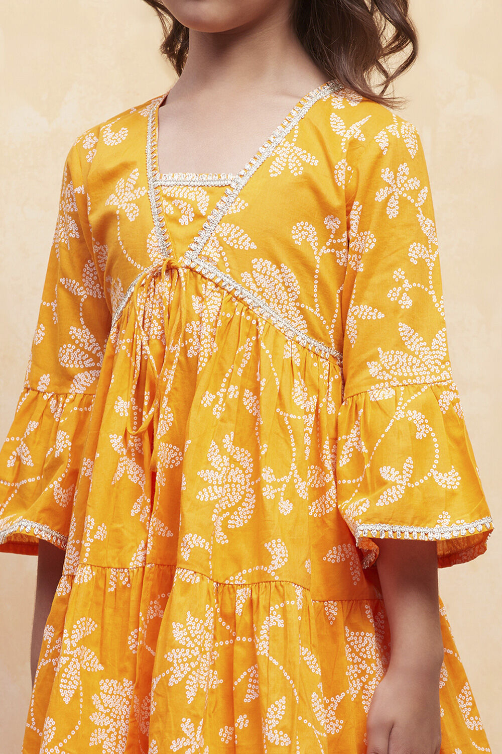 Orange Cotton Printed Tiered Kurta Set image number 1