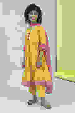 Yellow Cotton Printed Tiered Suit Set image number 3