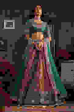 Turquoise Hand Embroidered Flared Lehenga Set image number 0