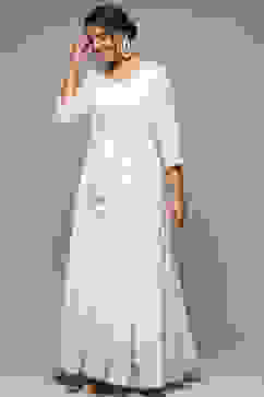 White Cotton Blend Straight Printed Dress image number 2