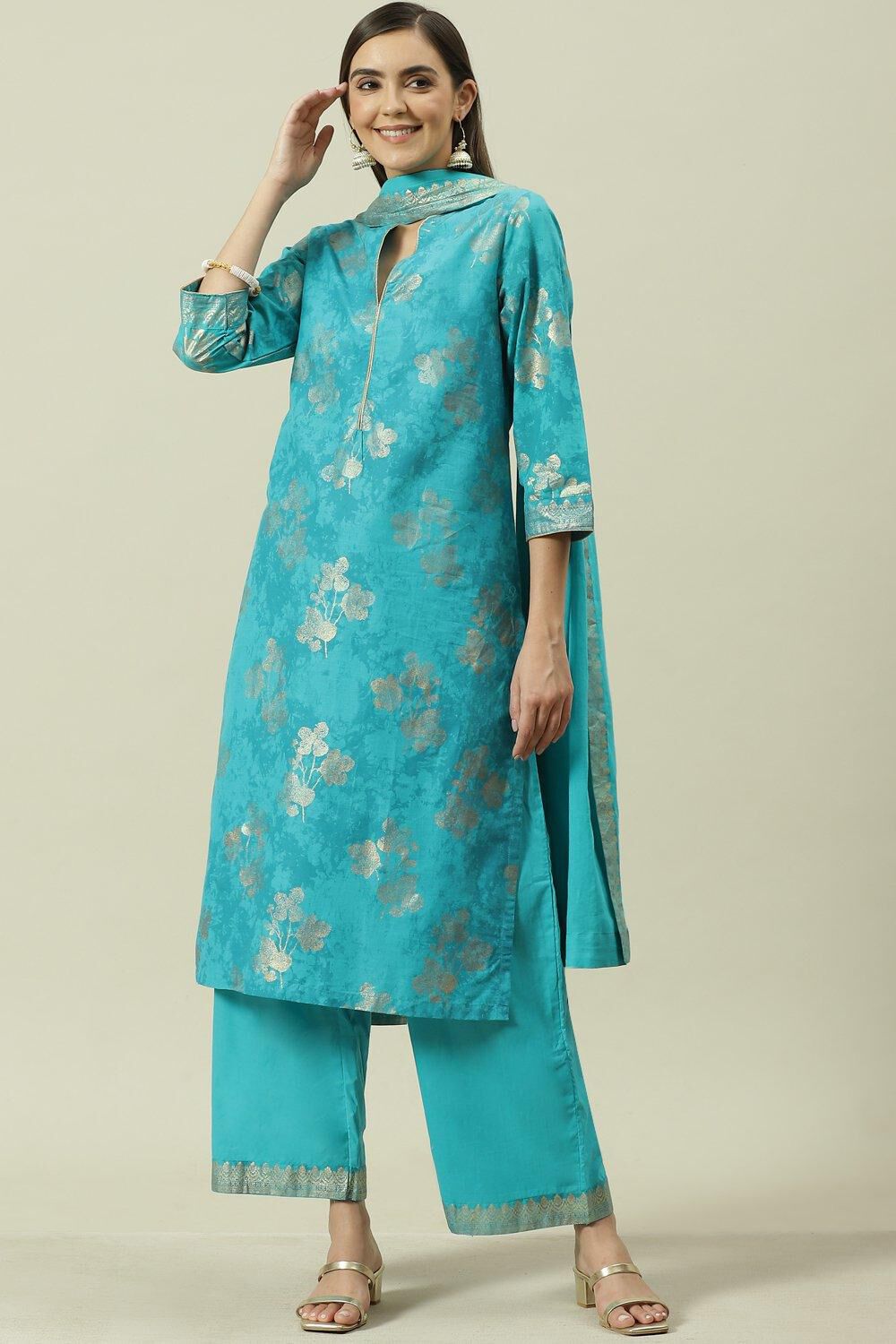 Mehndi Cotton Straight Kurta Palazzo Suit Set image number 1