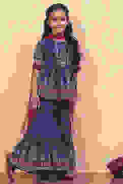 Blue Floral Georgette Gathered Flared Festive Suit Set image number 5