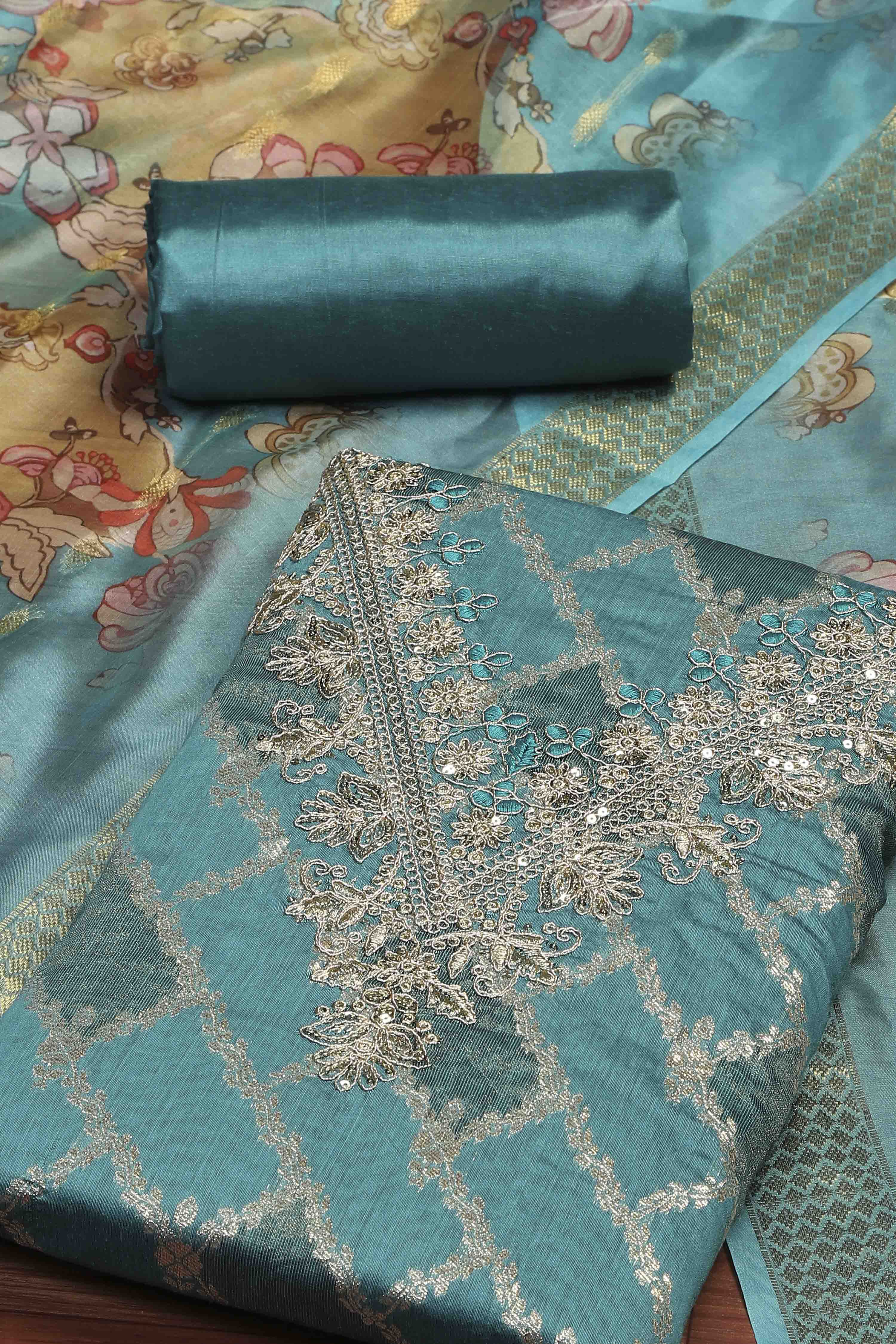 Blue Cotton Printed Embroidered Unstitched Suit Set image number 1
