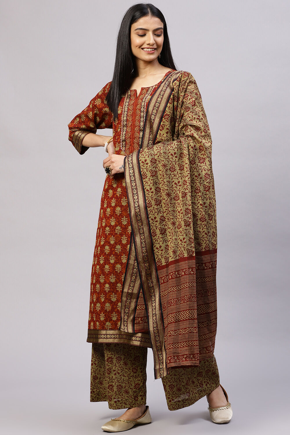 Red Cotton Woven Unstitched Suit Set image number 5