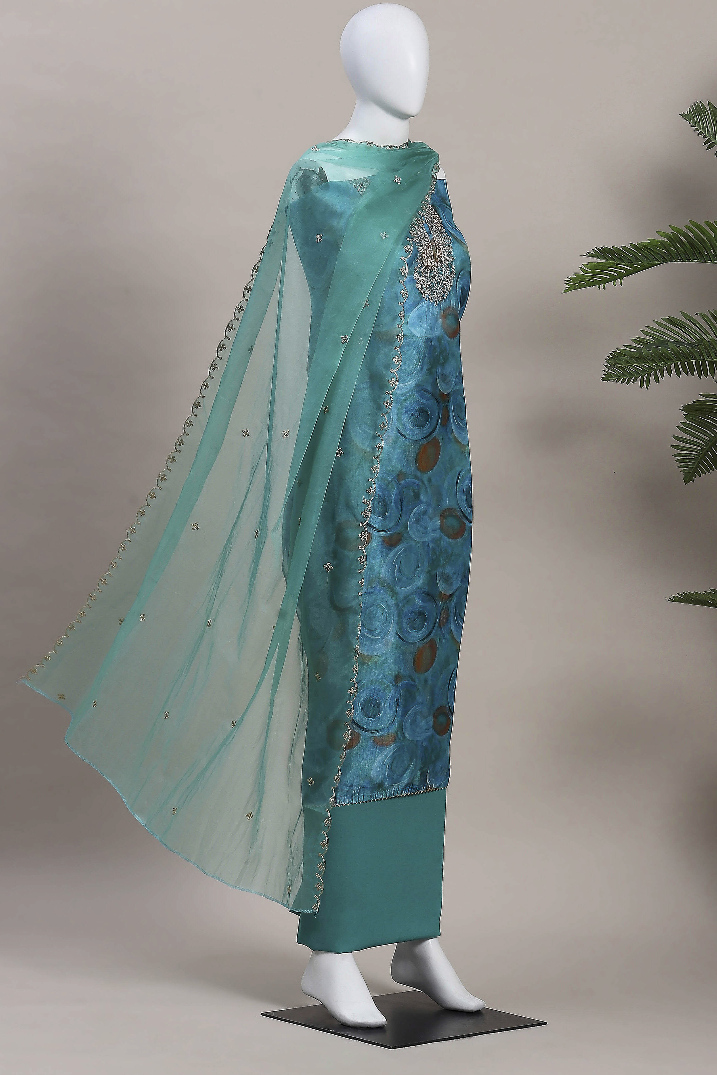 Peach-Colored Organza Rajasthani Print Unstitched Suit Set image number 4