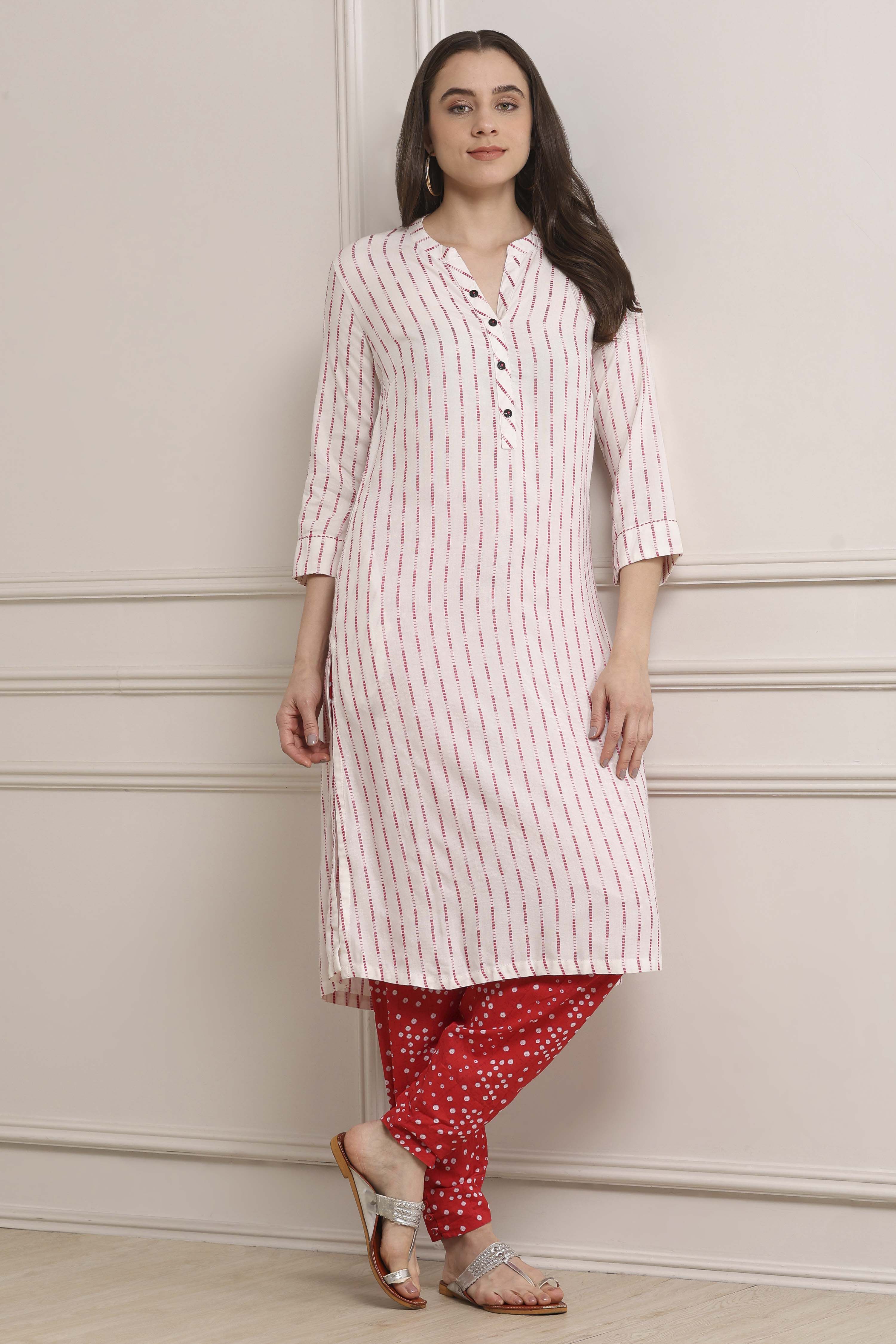 Off White Pink Viscose Rayon Straight Kurta Pants Set image number 0