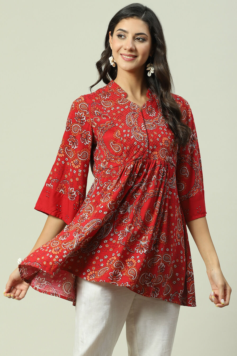Red Rayon Flared Printed Kurti image number 3