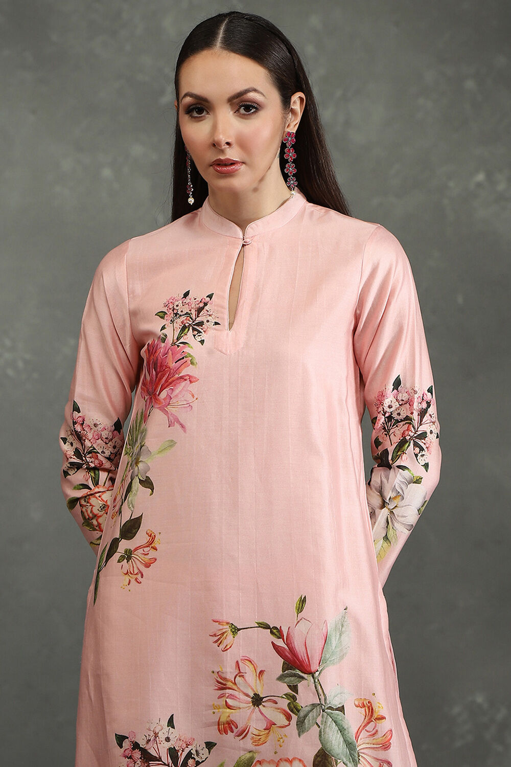 Ivory Silk Chanderi Floral Printed Straight Kurta Set image number 1