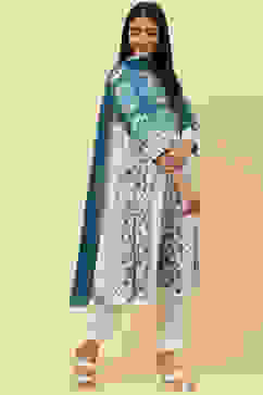 Blue White Cotton Flared Kurta Slim Pant Suit Set image number 6