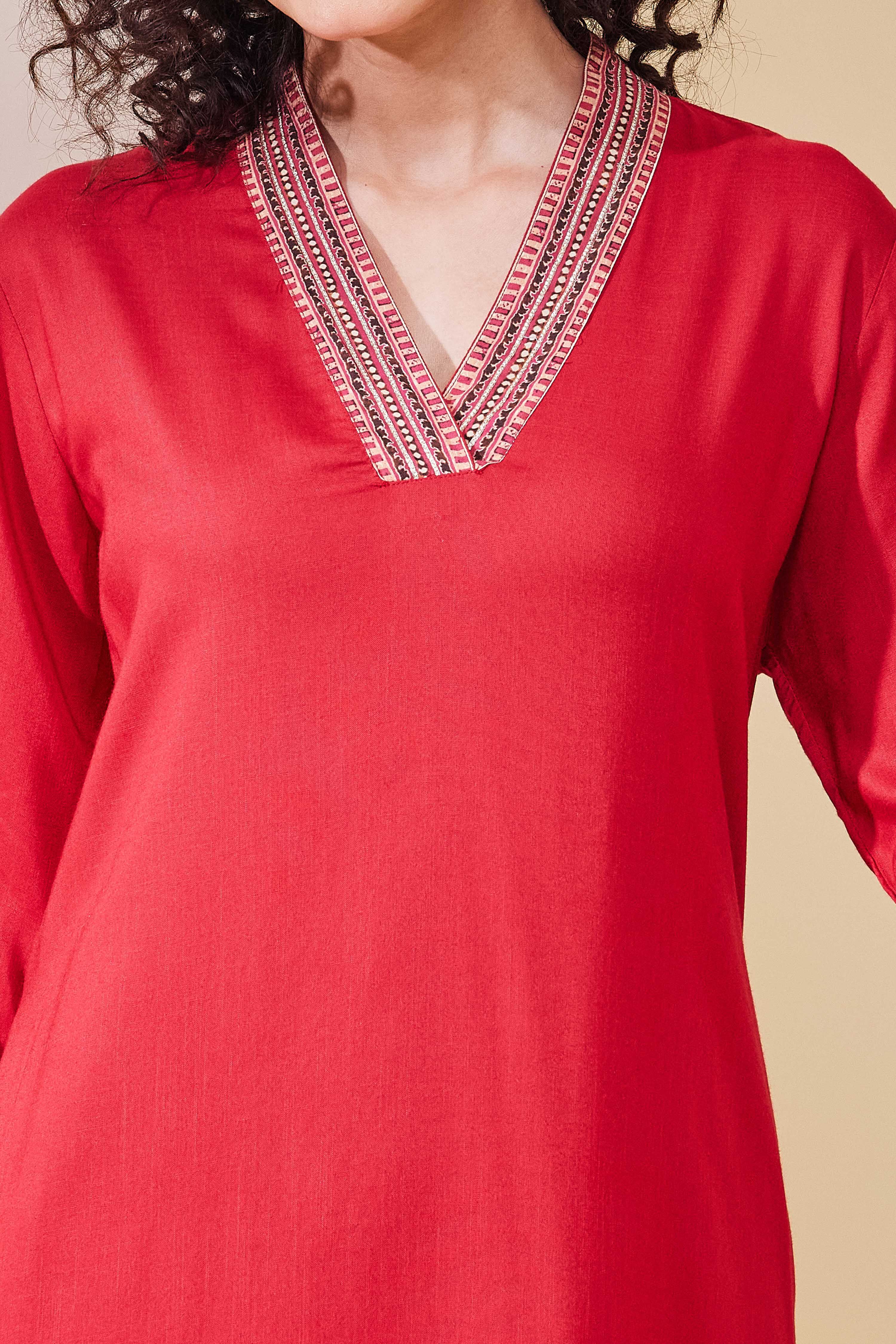 Red Viscose Rayon Straight Kurta image number 1