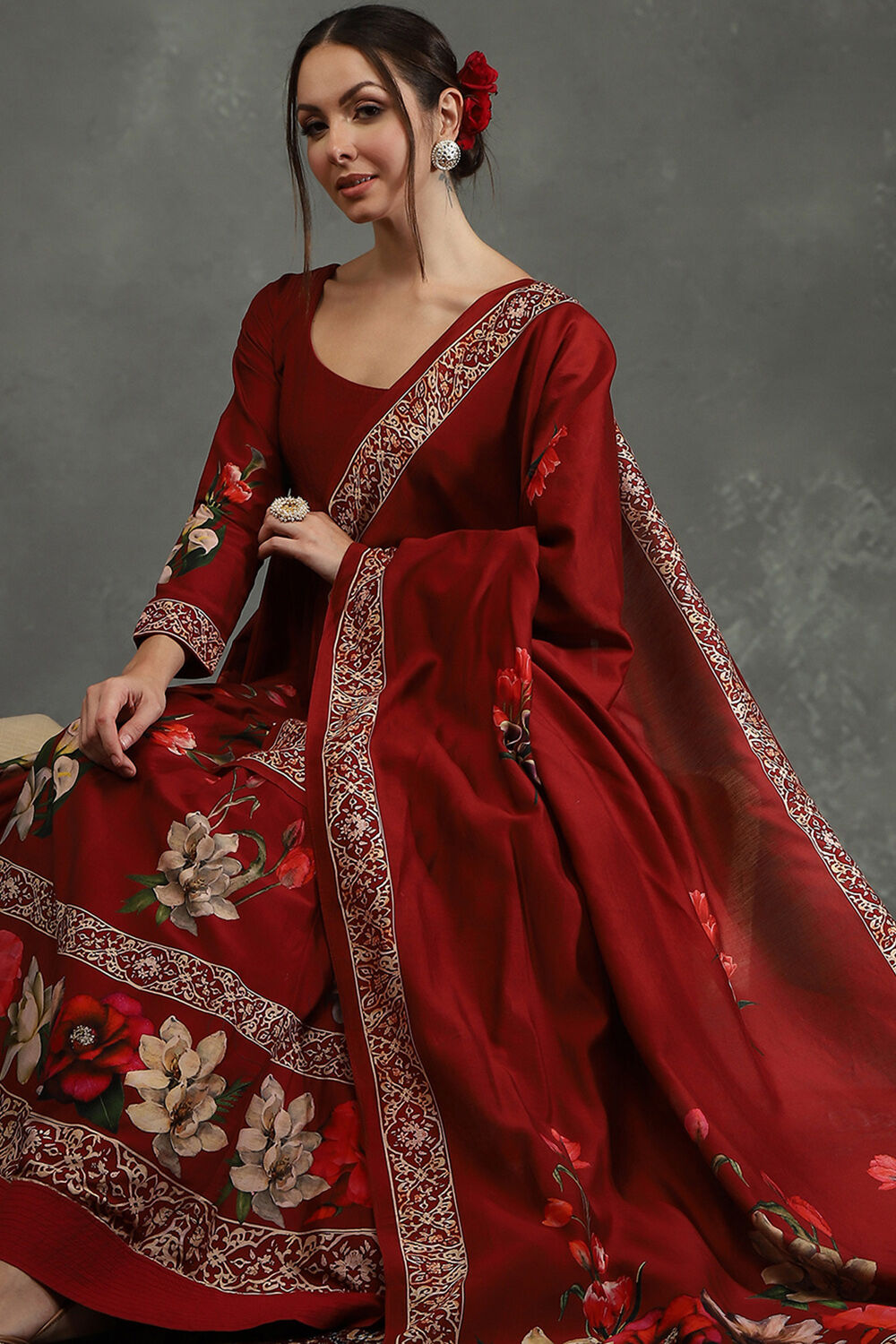 Maroon Silk Chanderi Floral Anarkali Suit Set image number 6