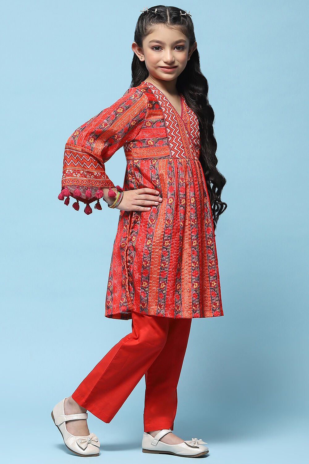 Red Polyester Flared Printed 2 Piece Set image number 5