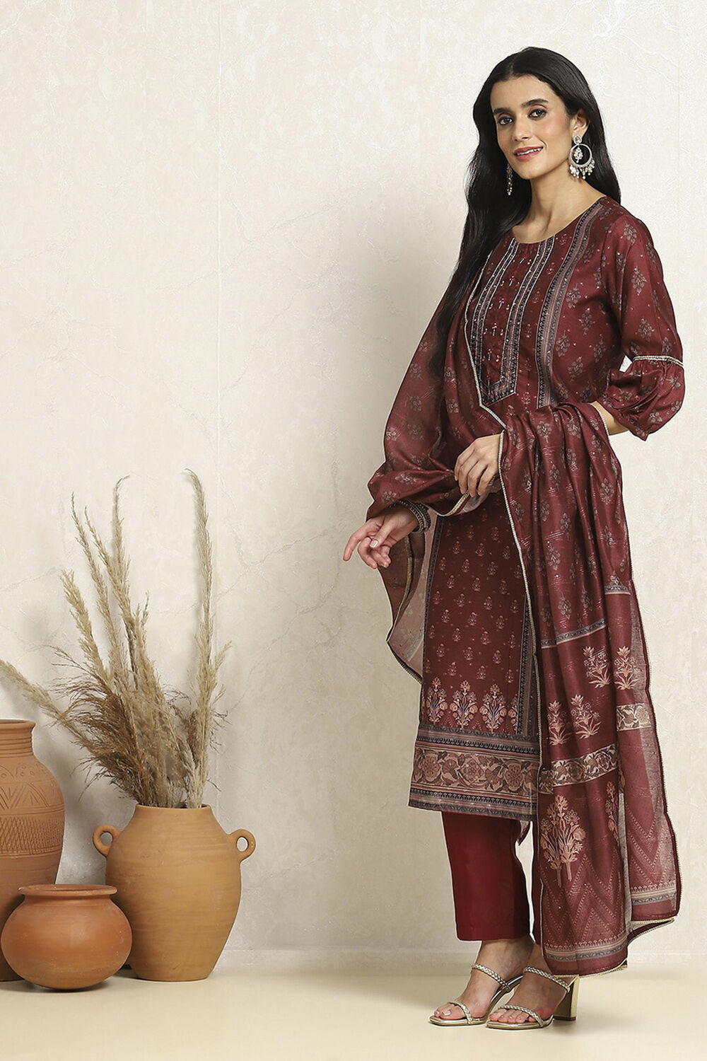 Maroon Chanderi Floral Printed Festive Unstitched Suit Set image number 4