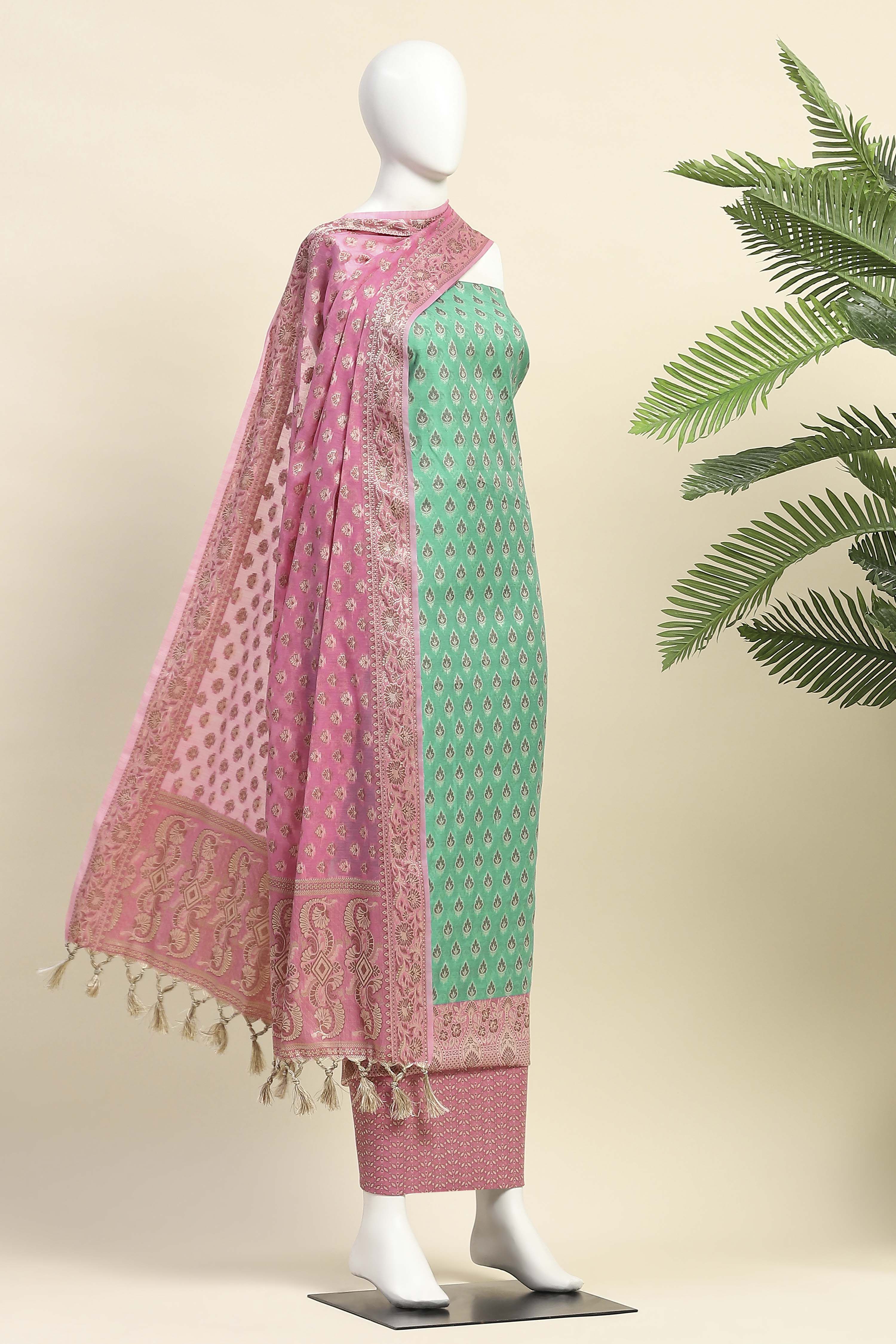 Rose Green Cotton Printed Embroidered Unstitched Suit Set image number 4