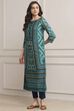 Turquoise LIVA Straight Printed Kurta image number 2