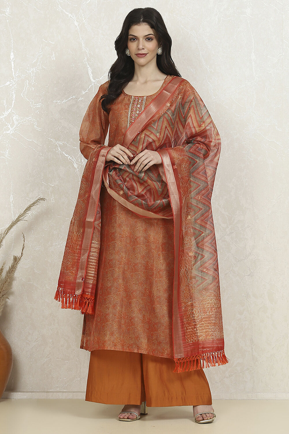 Orange Cotton Printed Embroidered Unstitched Suit Set image number 1