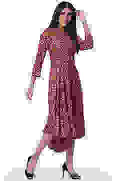 Rust Rayon Flared Printed Dress image number 3