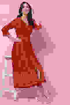 Rust LIVA Flared Fusion Printed Dress image number 5