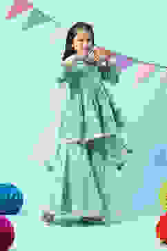 Sea Green Cotton Flared Kurta Garara Suit Set image number 7