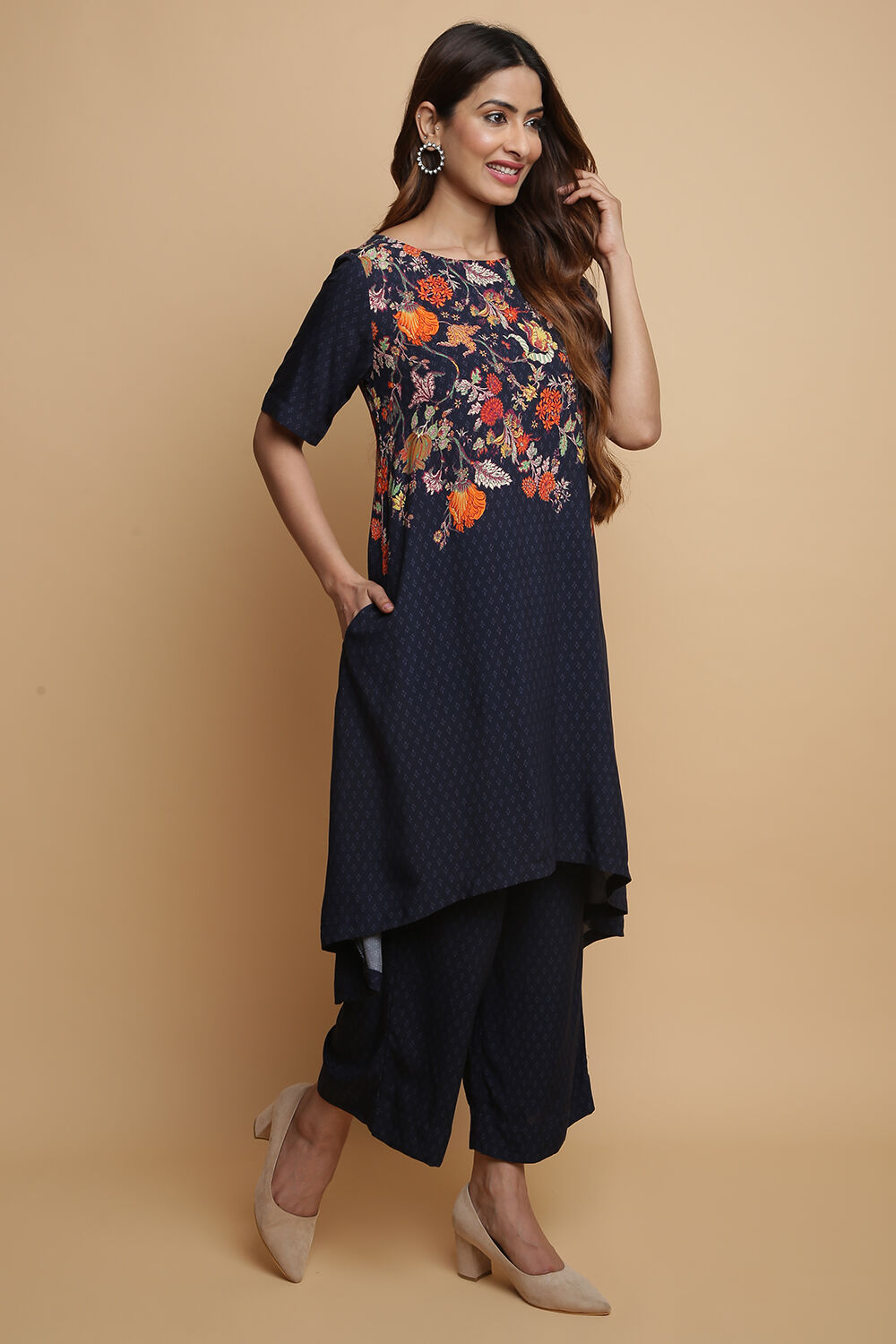 Navy Rayon Asymmetric Kurta Palazzo Suit Set image number 5