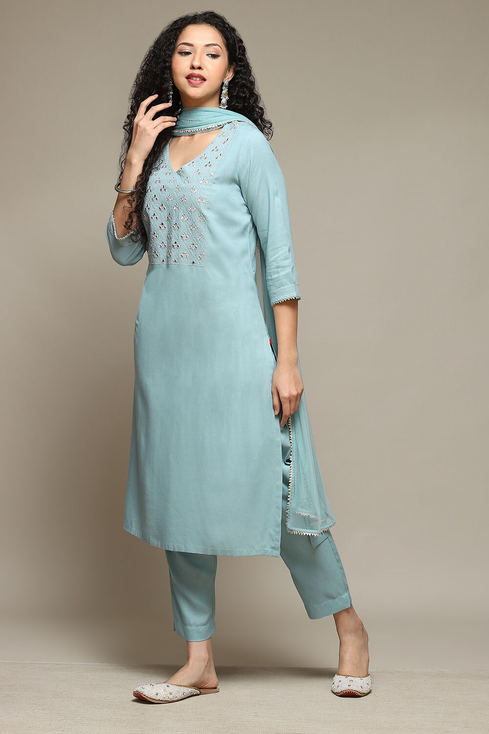 Powder Blue Rayon Straight Kurta Pants Suit Set image number 5