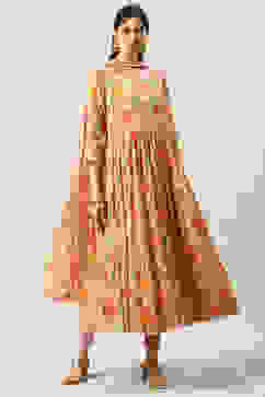 Peach Cotton Flared Kurta Churidar Suit Set image number 0