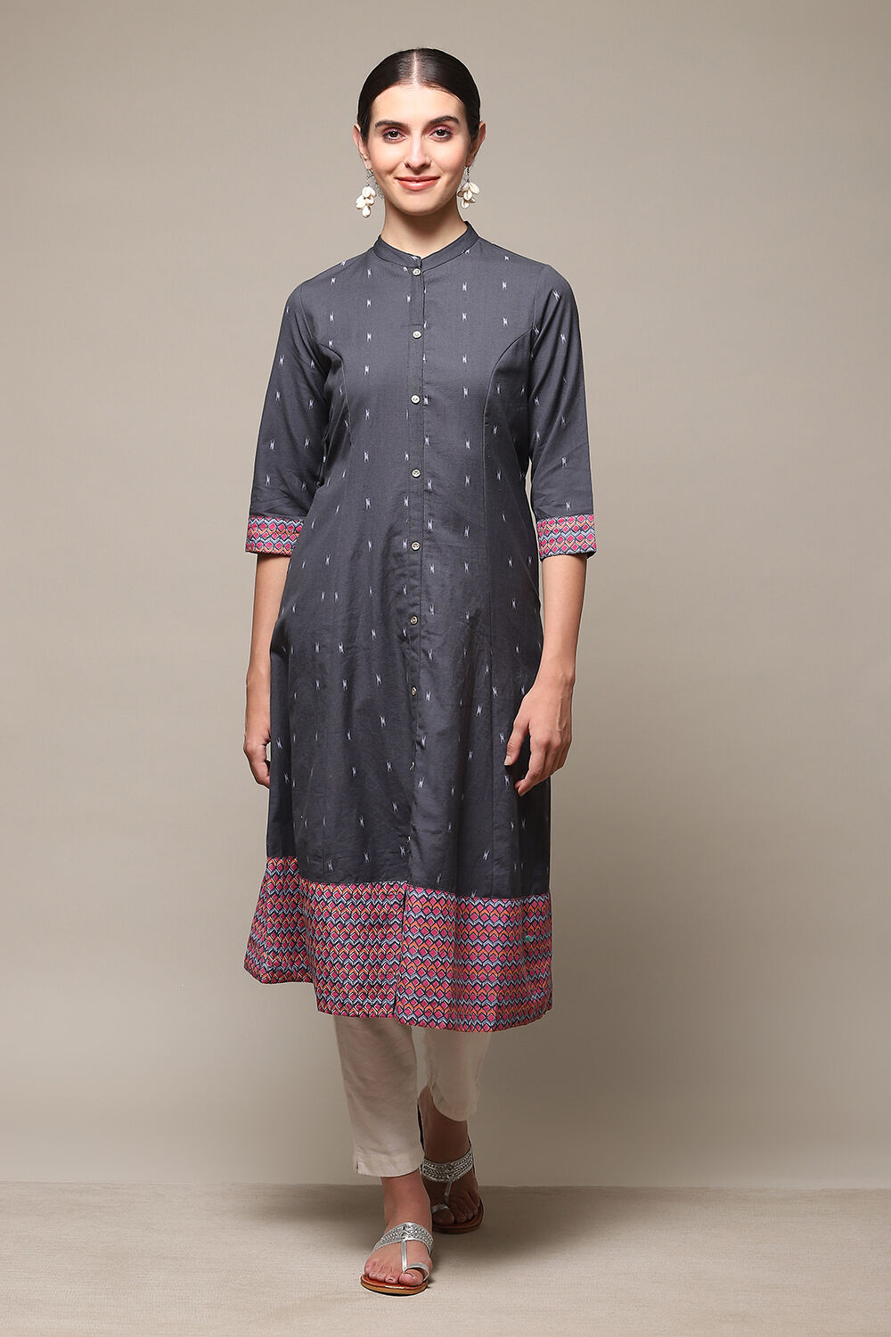 Blue Cotton Blend A-Line Printed Kurta image number 0