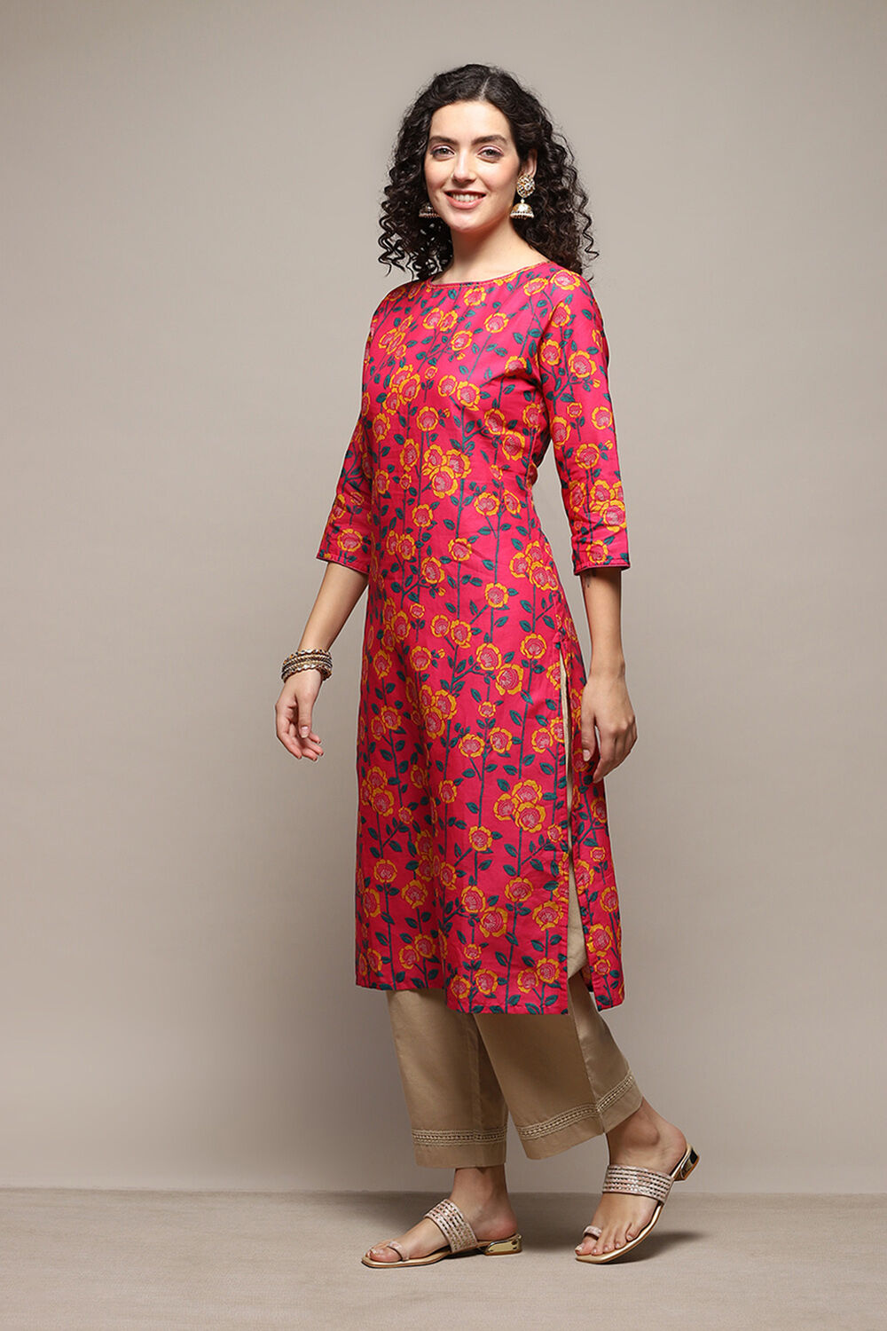 Fuchsia Cotton Straight Printed Kurta image number 2