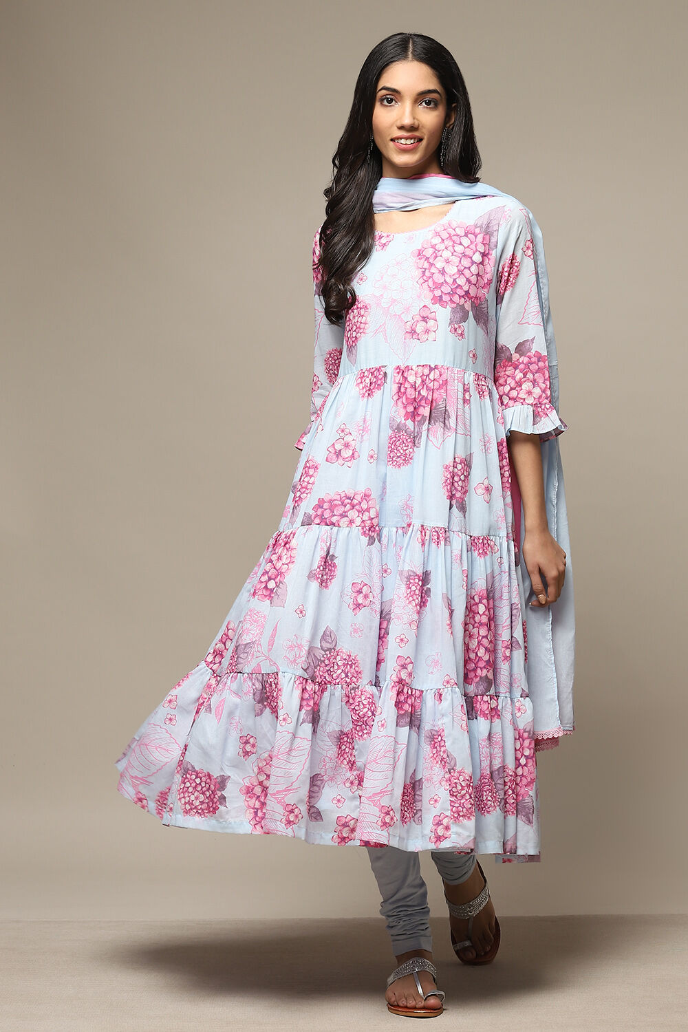 White & Blue Cotton Anarkali Kurta Churidar Suit Set image number 7