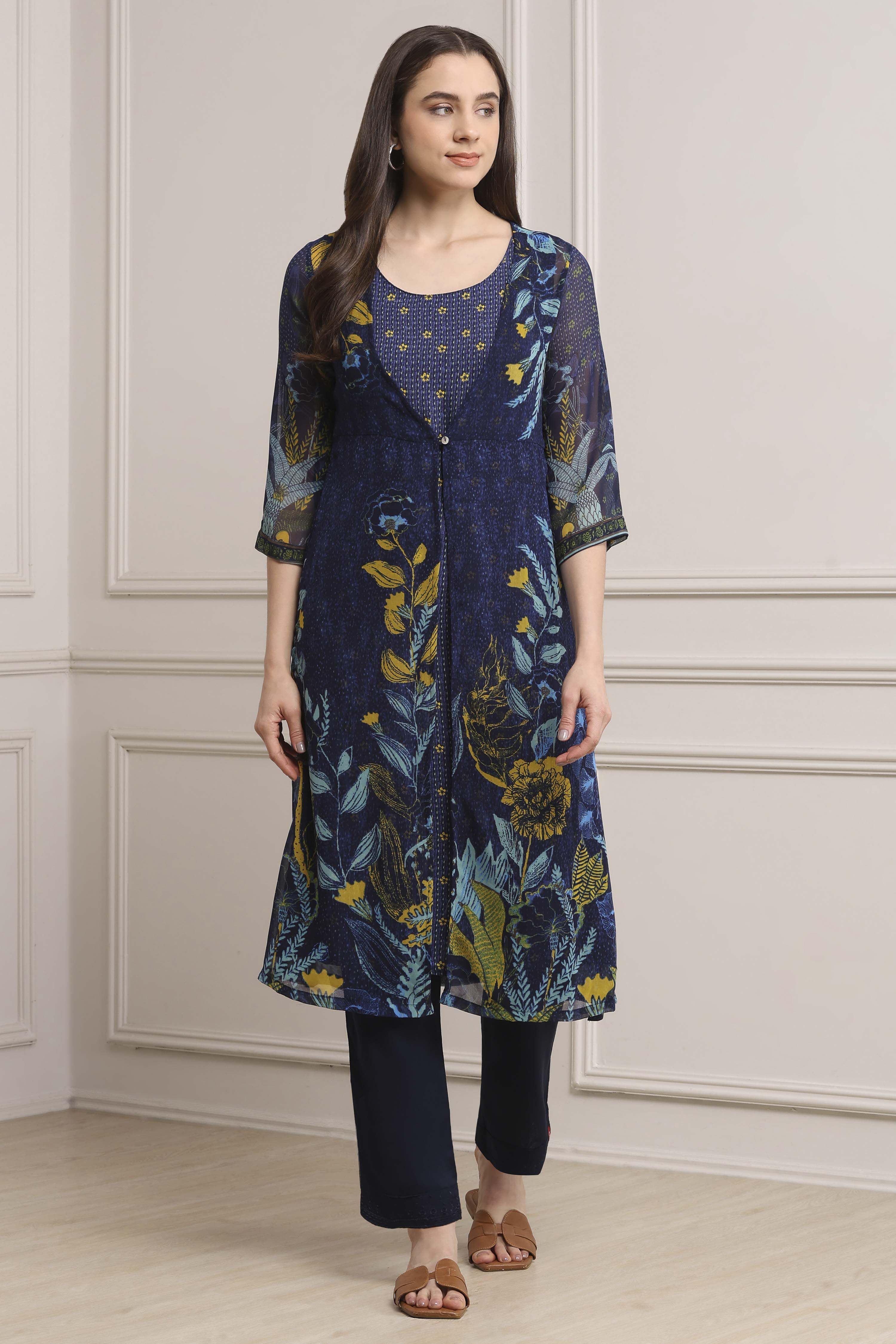 Navy Polyester Straight Kurta Pants Set image number 6