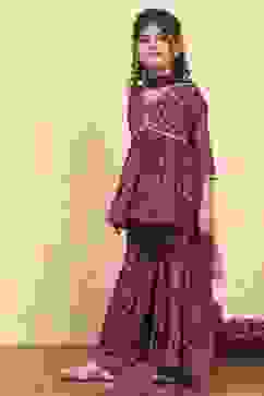 Purple Viscose Rayon Printed Peplum Suit Set image number 3