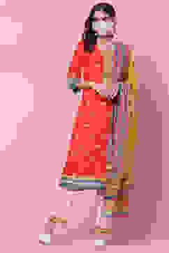 Red Rayon Straight Kurta Flared Palazzo Suit Set image number 4