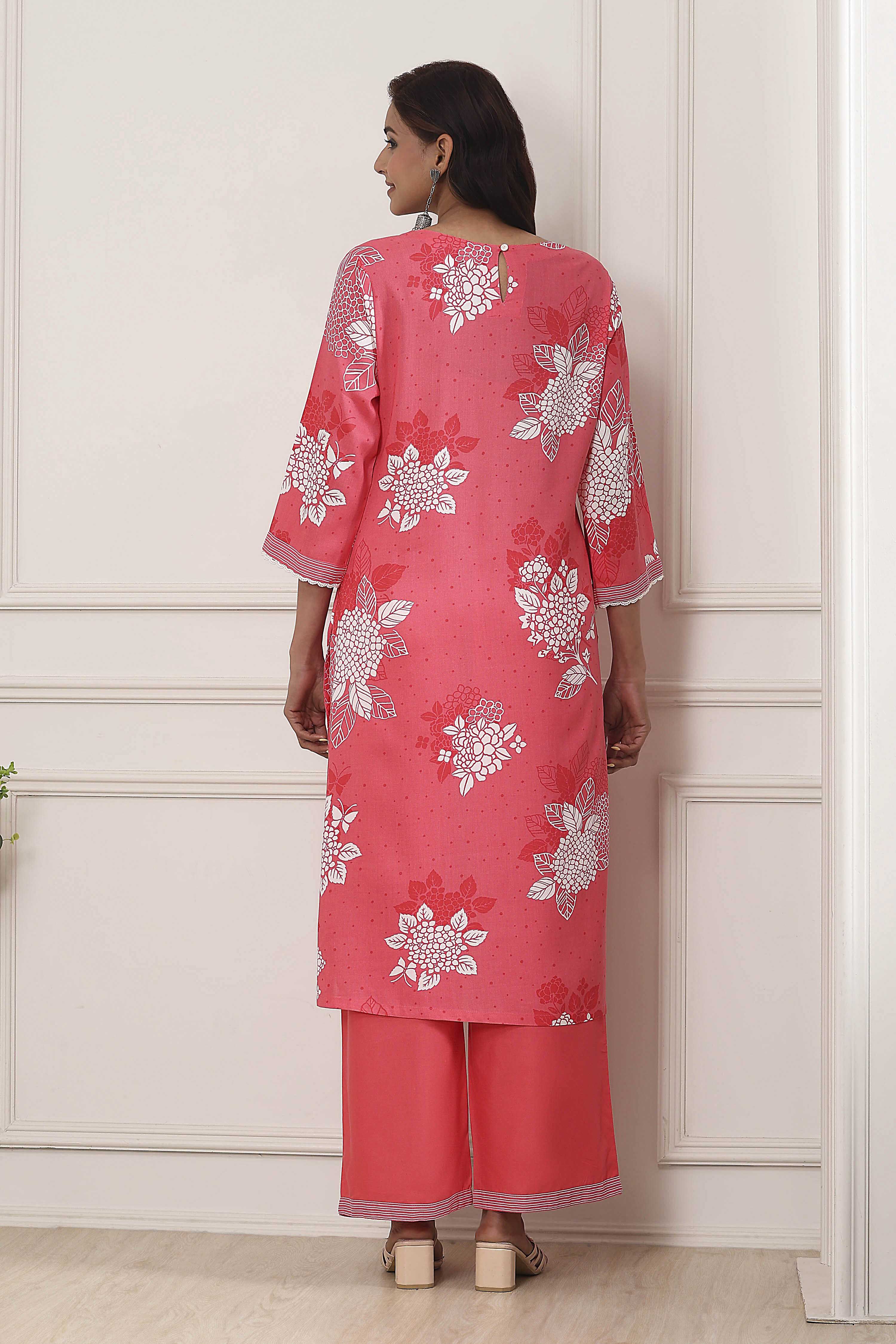 Coral Floral Printed Straight Suit Set image number 4