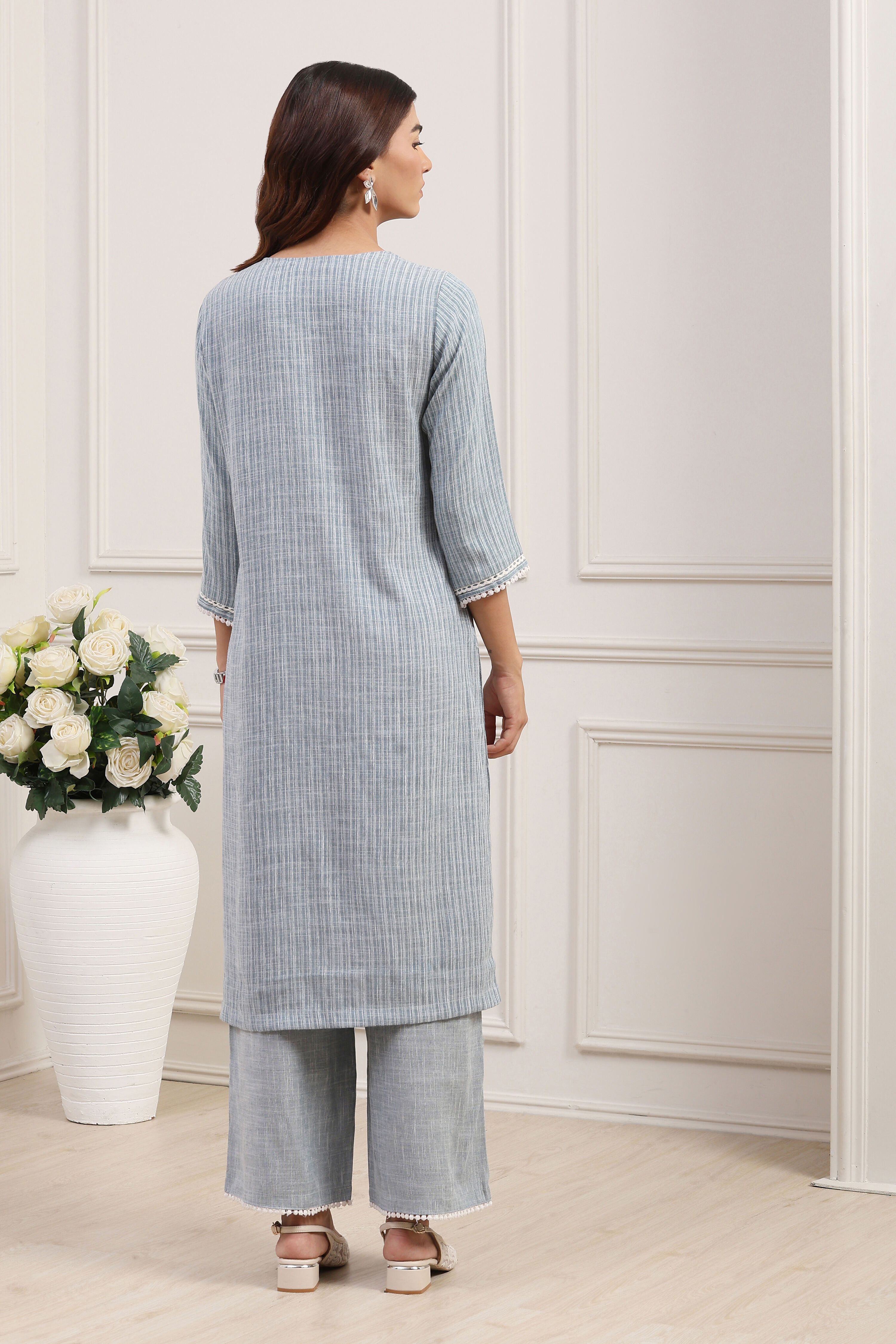 Pale Yellow Cotton Blend Straight Kurta Palazzo Suit Set image number 4
