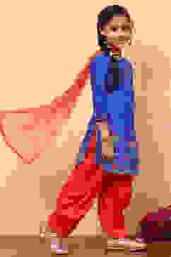 Blue and Red Cotton Printed Straight Suit Set image number 3