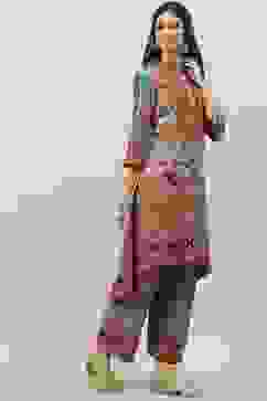 Beige Cotton Blend Asymmetric Printed Kurta Suit Set image number 5