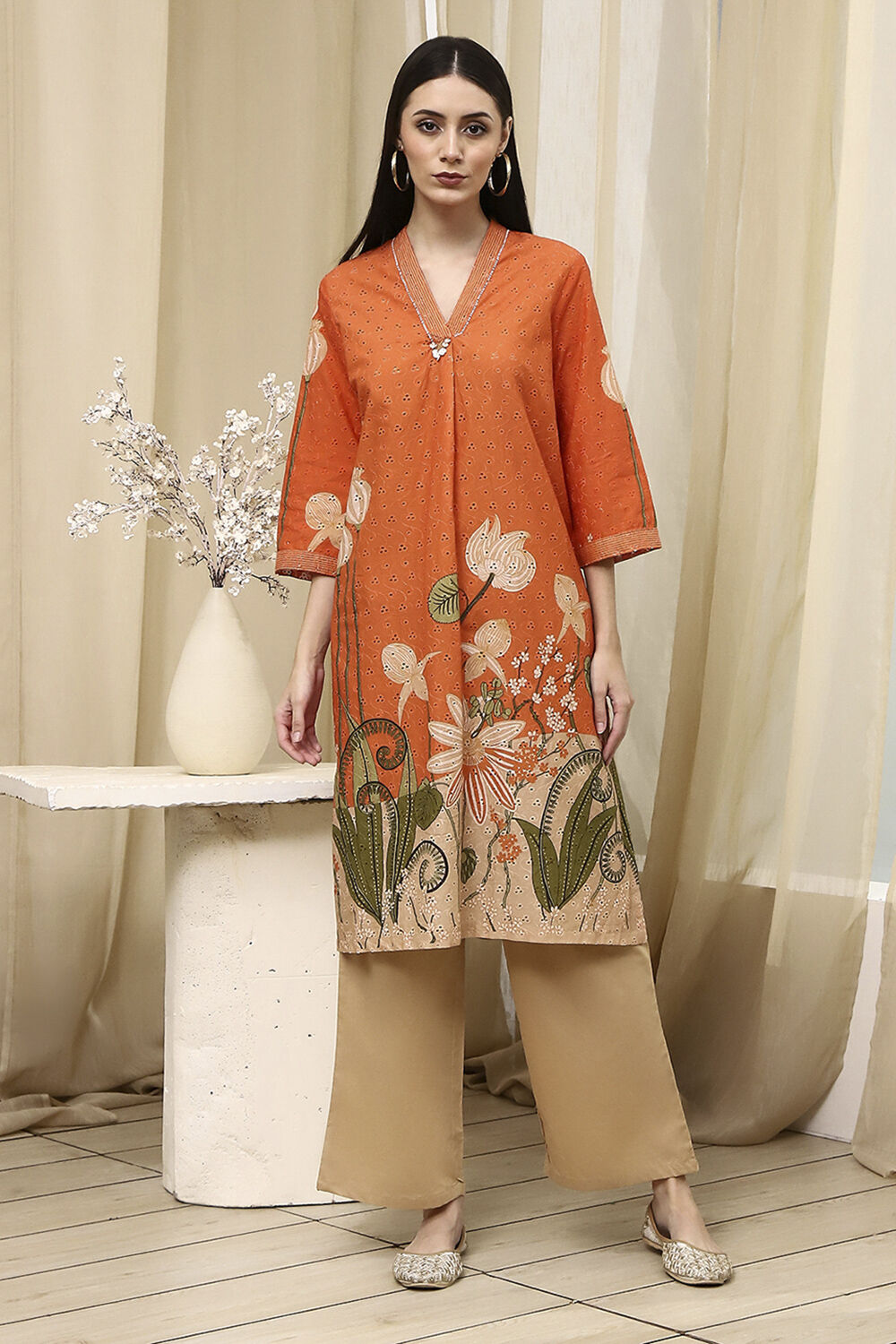 Orange Cotton Blend Schiffli Straight Kurta Set image number 6