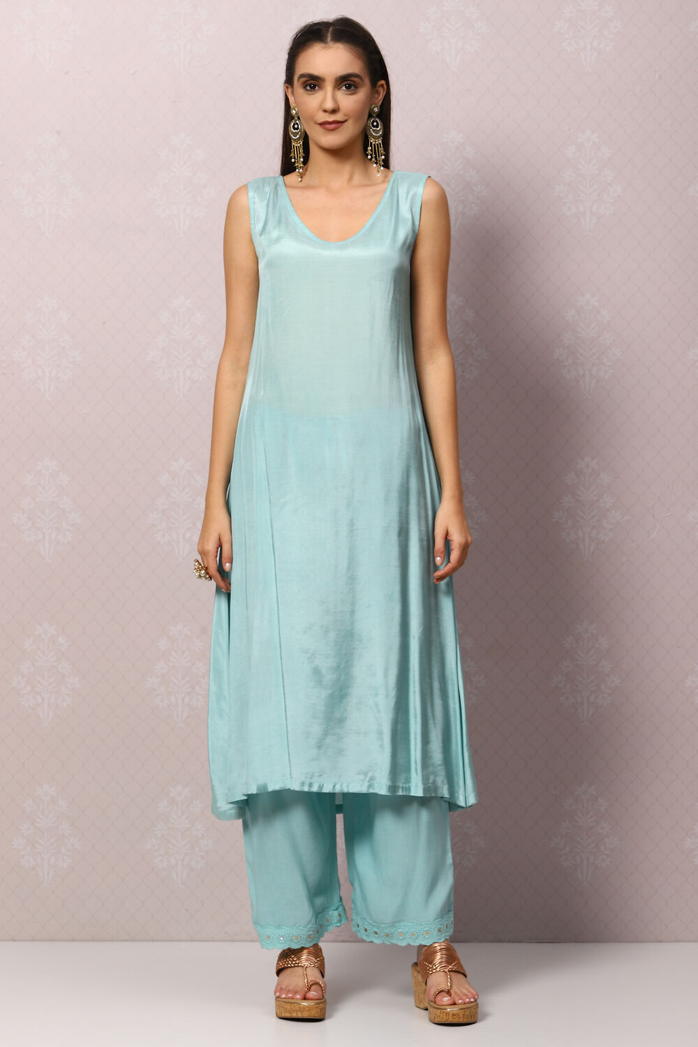 Sea Green Viscose Flared Kurta Palazzo Suit Set image number 1