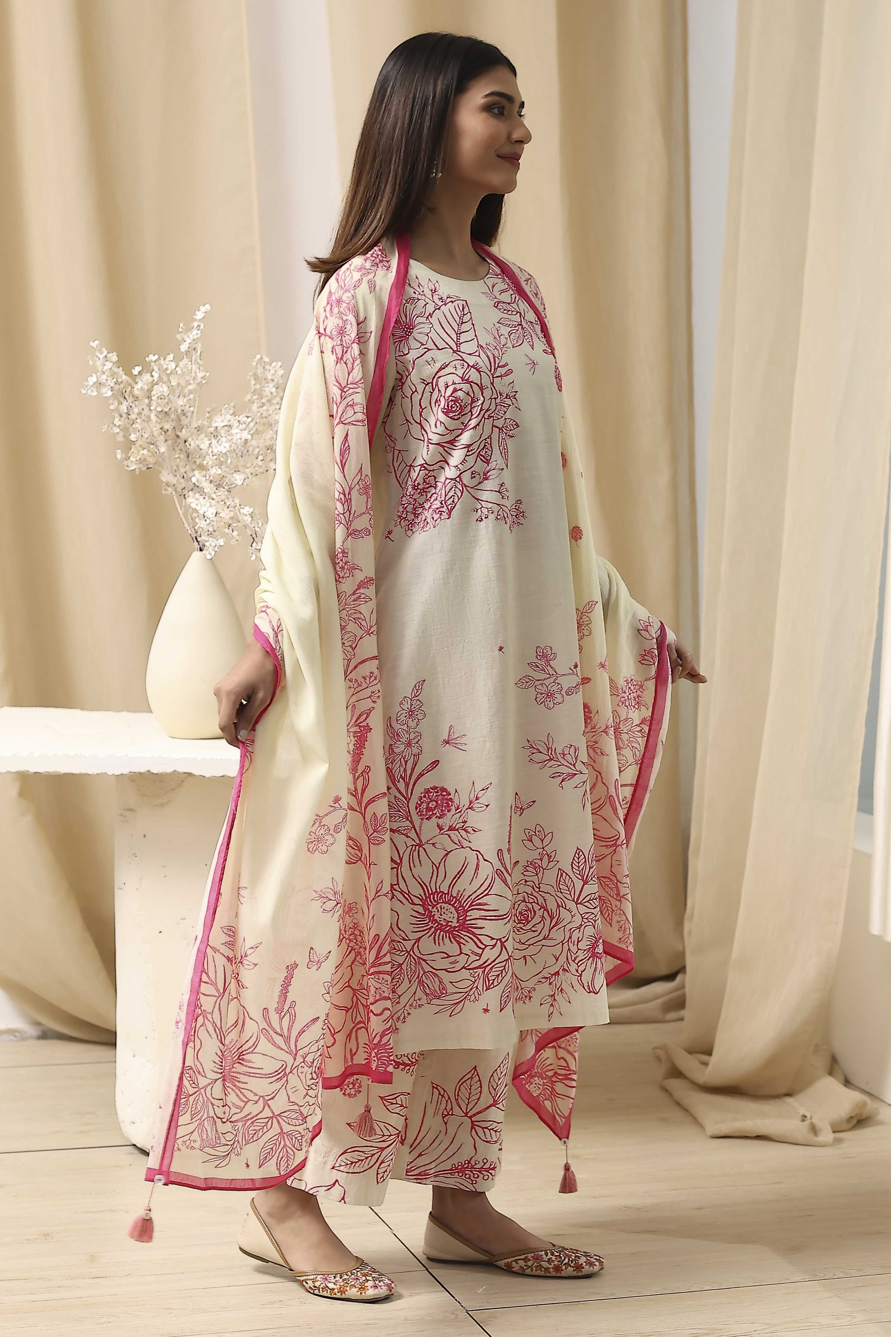 Off-White and Pink Cotton Straight Suit Set image number 5