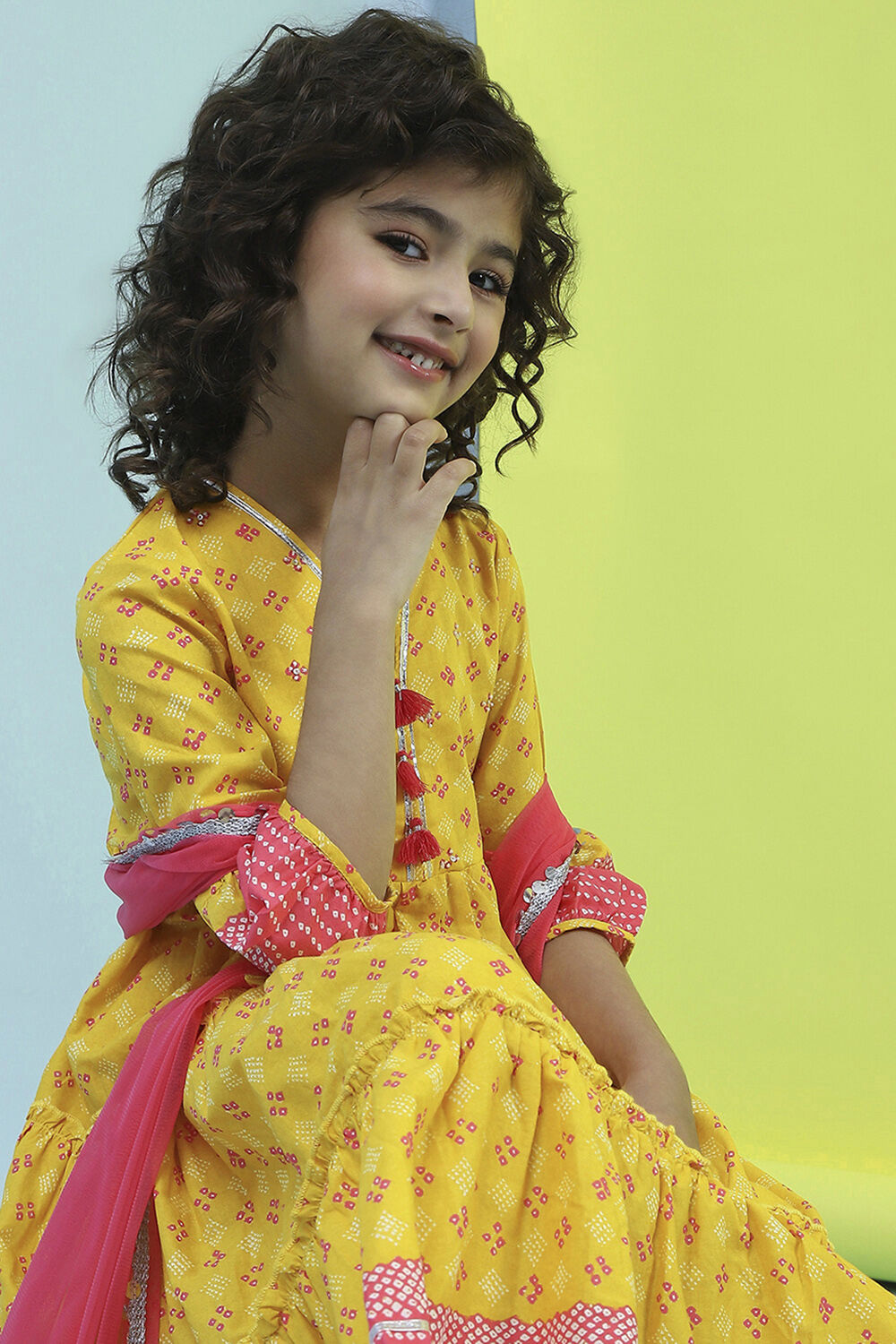 Yellow Cotton Printed Tiered Suit Set image number 7