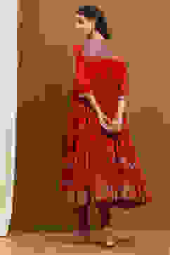 Red Cotton Embroidered Tiered Anarkali Suit Set image number 4