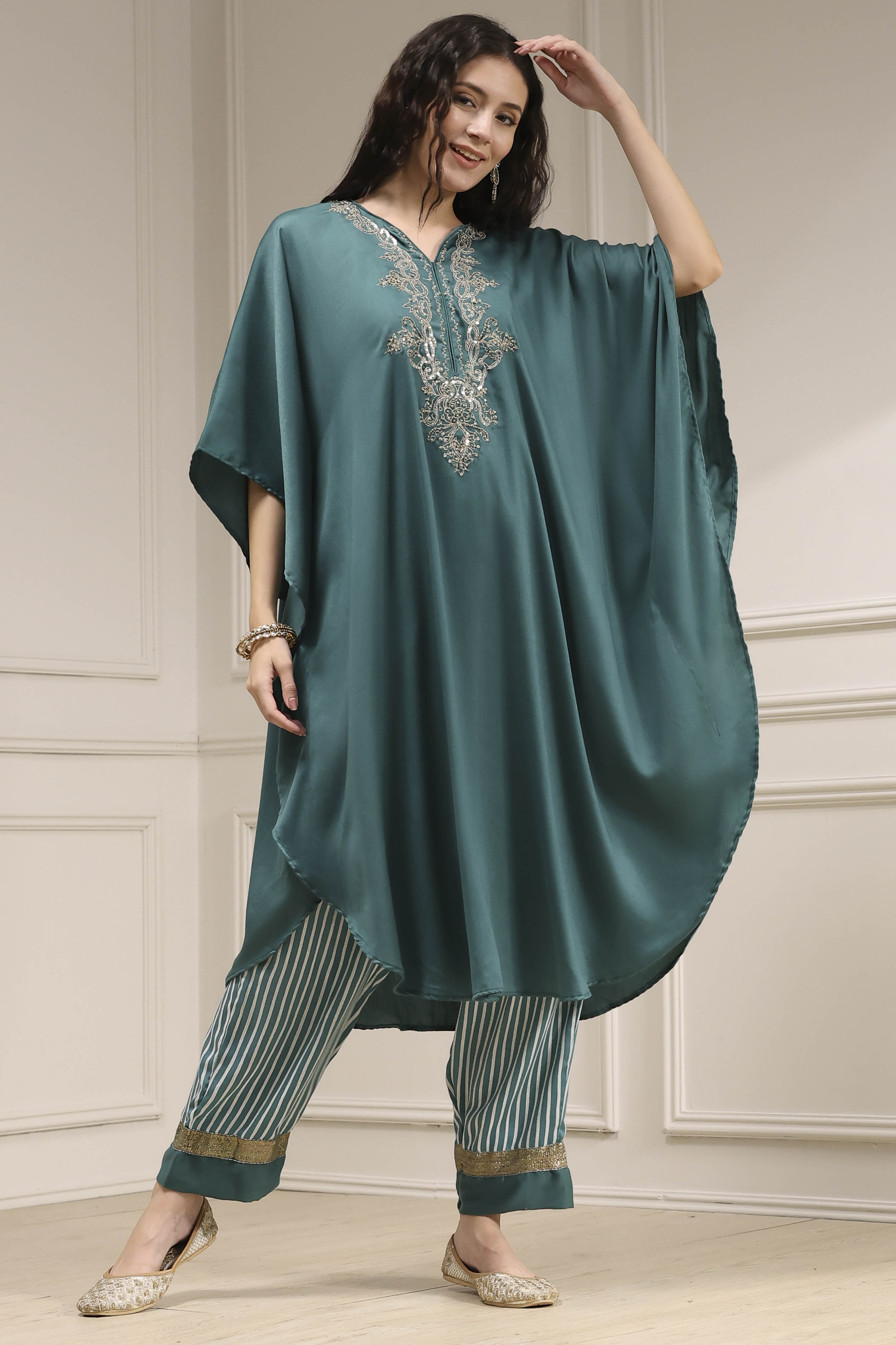 Black Modal Solid Kaftan Fusion Kurta Set image number 0