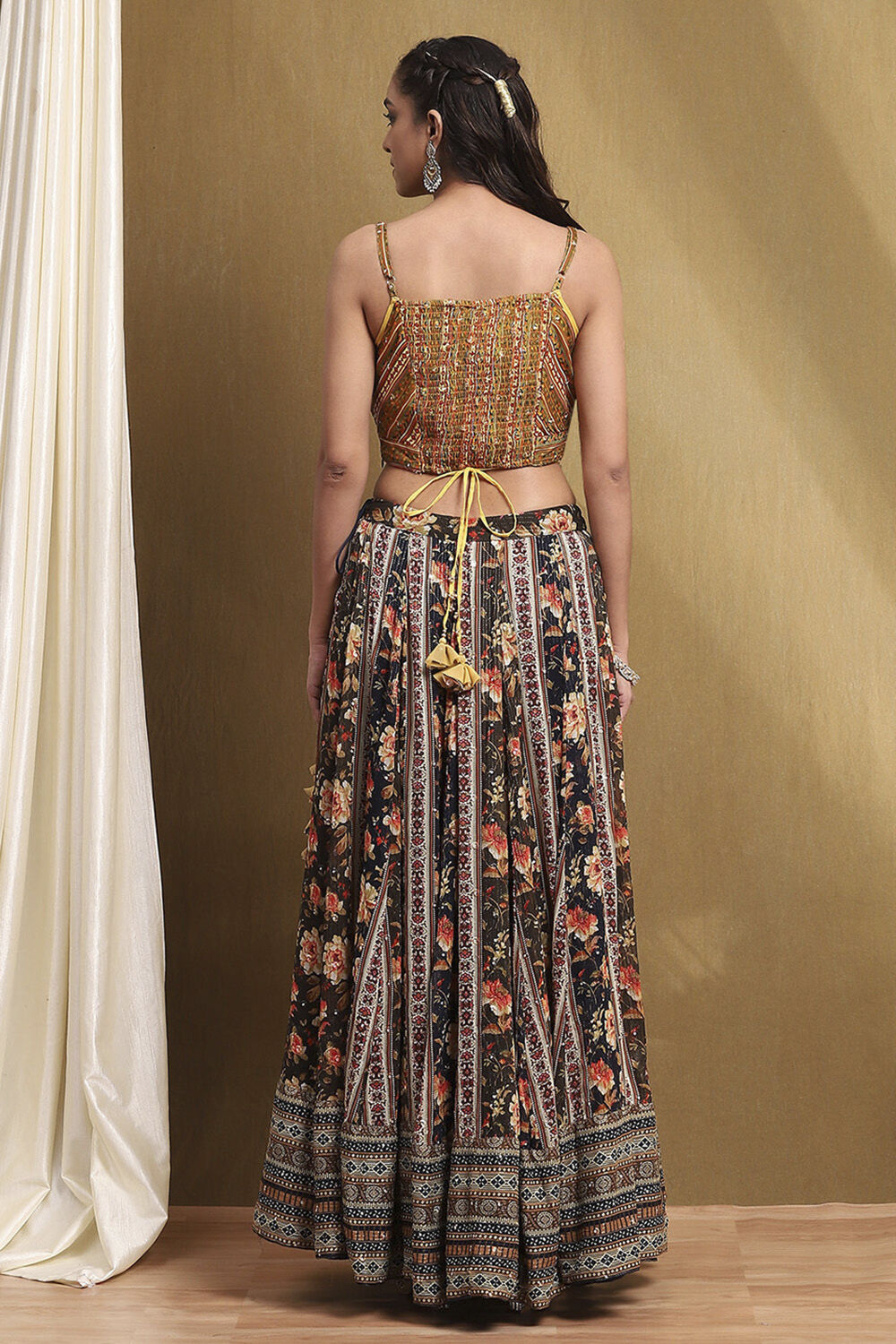 Mustard Yellow and Navy Blue Embroidered Lehenga Set image number 4