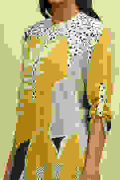 Lime Green and Grey Floral Printed Fusion Kurta Set image number 1